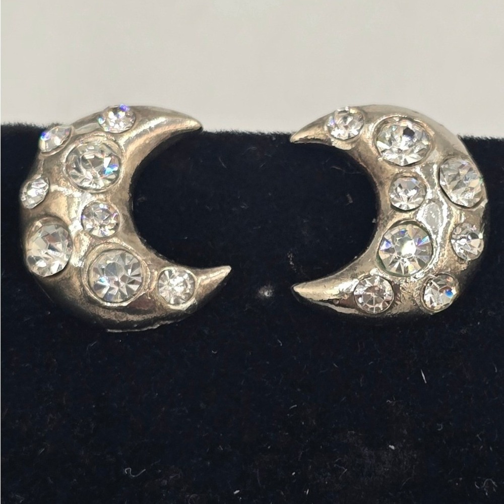 Vintage Silver Rhinestone Half Moon Celestial Clip On Earrings